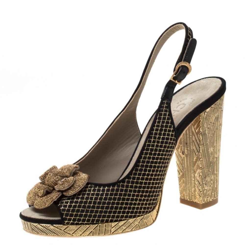 CHANEL Black and Gold Floral Heels